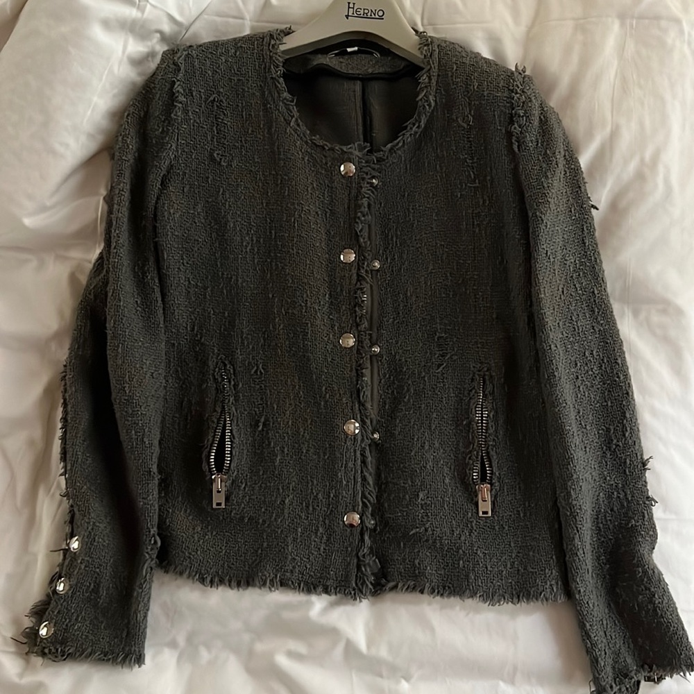 IRO agnette frayed trim distressed grey jacket.